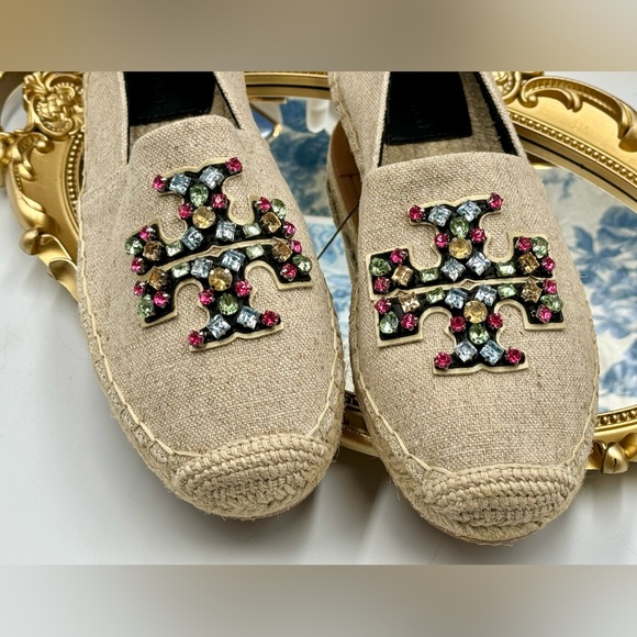 🆕 TORY BURCH 🧿 NWOT Ines Linen & Leather Bejewelled Espadrilles - Size 9 - Picture 6 of 16